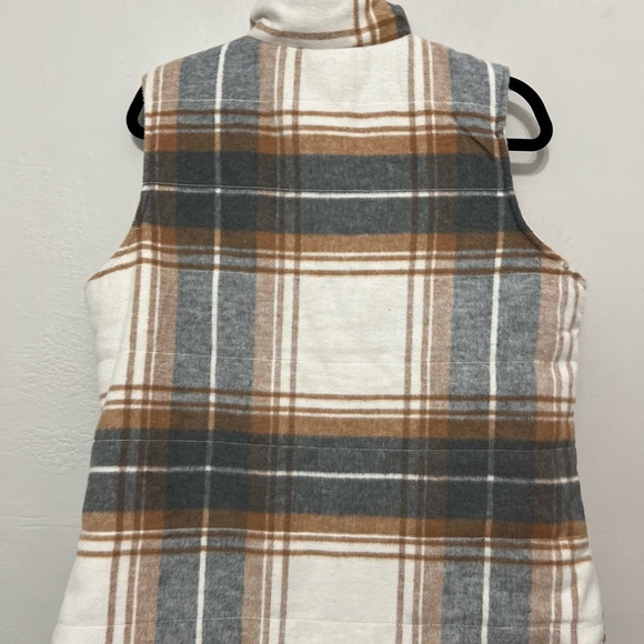 Natural Reflections Sherpa lined Flannel Plaid Trucker Vest Neutral Tan Gray M - Picture 5 of 12